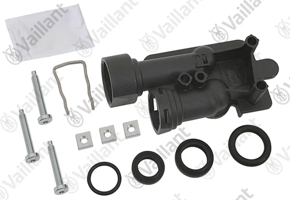 Vaillant Hydroblock mit Anschlussstück, Schrauben, Dichtungen und Befestigungselementen, auf einem hellen Hintergrund angeordnet.